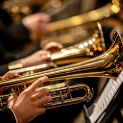 Fototapeta premium Close-Up of Brass Trombones Held by Musicians in an Orchestra, Capturing the Essence of Live Performance and Musical Collaboration