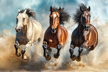 Dynamic Trio of Horses in Motion: A Collage of Power, Speed, and Graceful Jumps