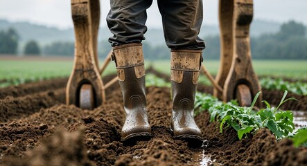 Farmer in muddy boots plowing field with wooden yoke background