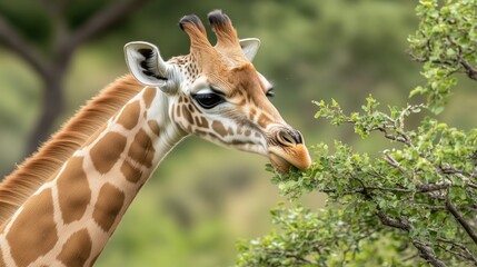 Obraz premium Giraffe feeding on leaves a close-up of wildlife in nature reserve
