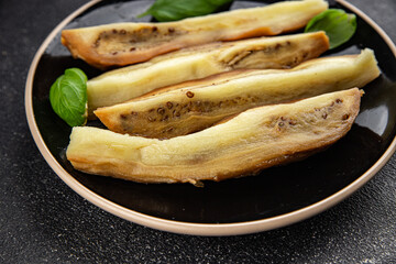 Baked eggplant vegetable cooking tasty fresh delicious gourmet food background table rustic food top view copy space keto and paleo diet vegetarian and vegan food