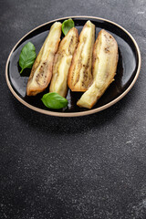 Baked eggplant vegetable cooking tasty fresh delicious gourmet food background table rustic food top view copy space keto and paleo diet vegetarian and vegan food