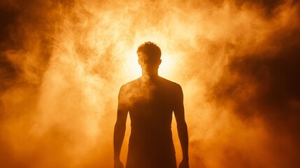 Obraz premium Man silhouette in smoky orange light. (1)