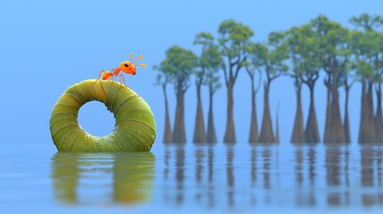 Tiny ant on a floating leaf ring in a tranquil swamp