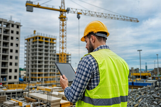 construction site engineer worker safety helmet tablet project management industrial concept obra ingeniero trabajador seguridad casco tableta gesti&oacute;n de proyectos concepto industrial building man