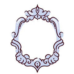 Ornate blue frame with carved filigree for mirror and picture. Funny swirls and flourishes in Victorian style decorate frame. Art museum mascot, retro photo border cartoon vector illustration