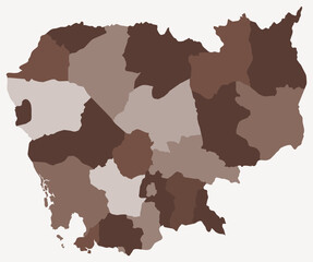 Map of Cambodia with regions. Just a simple country border map with region division. Brown color palette. Flat Cambodia shape with administrative division. Vector illustration.