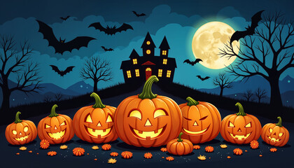 Fototapeta premium Spooky Halloween pumpkins and bats in haunted landscape, festive celebration