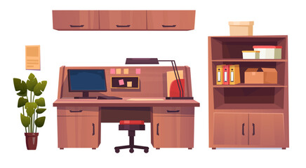 Professional home office setup illustration featuring a desk, chair, plant, and storage unit for a productive workspace in a cozy environment isolated on white background. Office furniture vector set