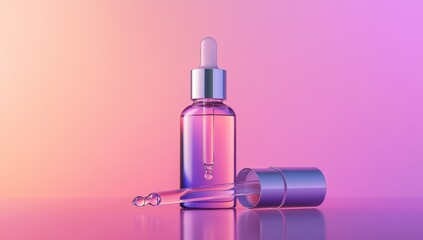 A clear glass dropper bottle, filled with a light-pink serum, sits on a vibrant pink and peach background.  The bottle has a silver dropper cap