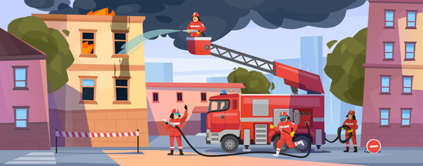 Firefighters battling a major urban building fire with ladder truck and emergency response team. Vector illustration of rescue operation, smoke, flames, city disaster, fire department service. © Microstocker.Pro