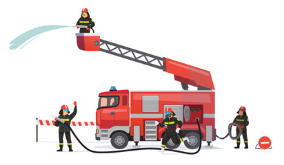  Fire truck at the scene as firemen work to extinguish the fire. Emergency response in action. Firefighters team isolated on white background. Vector illustration