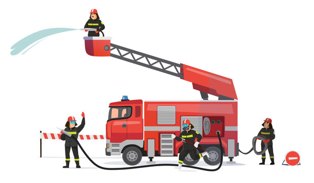  Fire truck at the scene as firemen work to extinguish the fire. Emergency response in action. Firefighters team isolated on white background. Vector illustration
