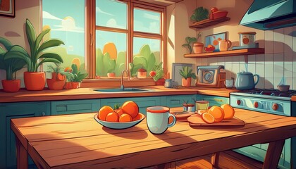 painting of a lived-in kitchen with warm natural lighting, rustic wooden table