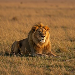 Majestic lion resting in African savanna grassland with acacia trees