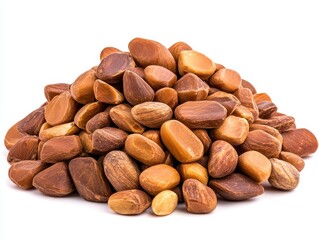 Fototapeta premium A close-up view of a pile of smooth, polished brown seeds on a white background