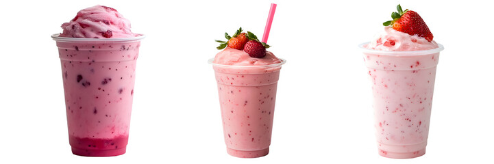 photo of ICE STRAWBERRY MILK on the PLASTIC CUP, transparent background, high focus side view