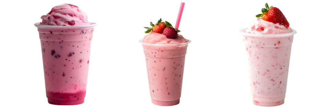 photo of ICE STRAWBERRY MILK on the PLASTIC CUP, transparent background, high focus side view