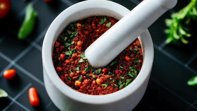 A visually appealing arrangement of fresh spices and herbs in a mortar, surrounded by garlic and vibrant tomatoes. Perfect for culinary inspiration.