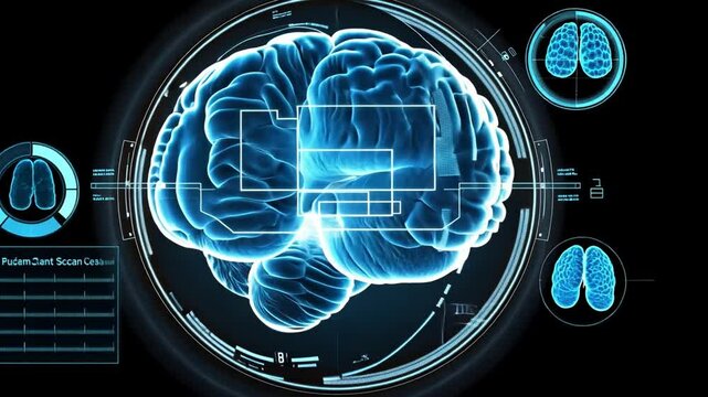 Intricate Digital Illustration of Brain Imaging with High-Tech Visualization and Diagnostic Details on a Black Background