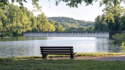 Obraz premium Tranquil Waters: Scenic View of Holston River Weir Dams near Bristol Tennessee with Serene Park Bench Overlooking Aquatic Habitat