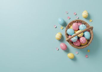 Easter eggs in a basket. Blue background with copy space. Top view. Happy Easter design.