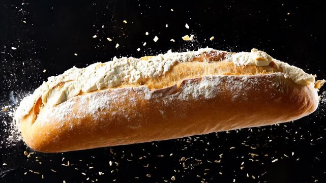 A stunning image of a freshly baked bread loaf capturing the moment of texture and flavor release, with exquisite flour dust against a black background.