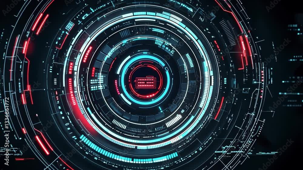 Poster Futuristic Digital Interface with Colorful Neon Circles and Tech Elements Representing Data Processing and Connectivity in a Virtual Space