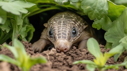 Obraz premium Turtle emerging from soil under green leaves nature close-up garden