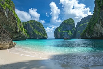 Fototapeta premium Serene Morning at Maya Bay, Phi Phi Leh Island, Thailand - A Coastal Heaven with Blue Waters, Green Cliffs, and Soft Clouds
