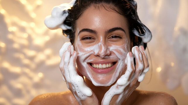 Close-up of woman's face covered in cleansing foam, smiling happily during a skincare routine, showcasing freshness and cleanliness