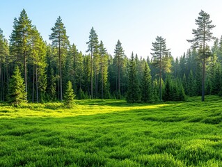 Lush Green Meadow Surrounded by Tall Pine Trees Under Clear Blue Sky
