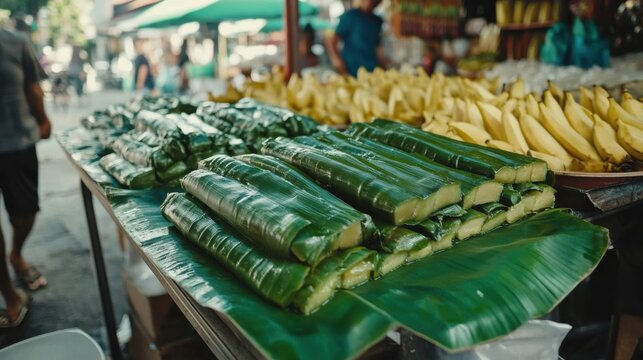 Delicious Koci with Sticky Glutinous Rice and Sweet Filling Wrapped in Banana Leaves, a Traditional Treat Popular in Asian Cuisine at an Outdoor Market