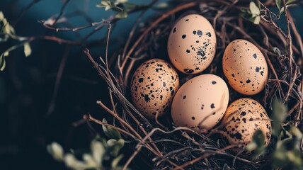 Fototapeta premium A cheerful Easter background with colorful pastel eggs and spring flowers on a bright, rustic wood surface. A festive flat lay composition for holiday greetings and celebrations.