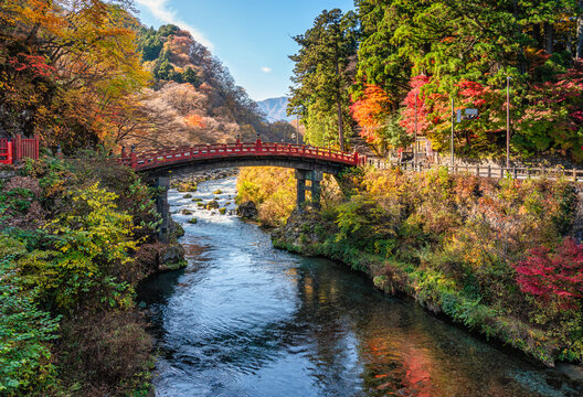 Scenographic sight with the famous Shinkyo Bridge in Nikko during fall season. Tochigi Prefecture, Japan.