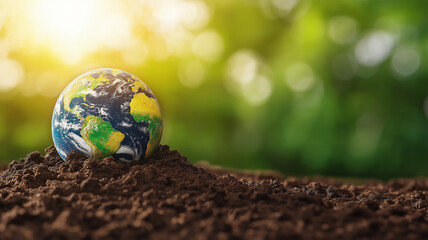 vibrant globe representing Earth sits atop rich soil, symbolizing connection between nature and our planet. background features soft, blurred green landscape, evoking sense of tranquility and