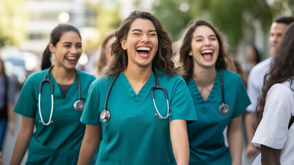 joyful group of multiethnic female nurses in scrubs, laughing together outdoors, showcasing camaraderie and teamwork in healthcare setting