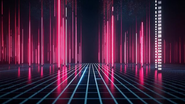 Futuristic digital landscape featuring vibrant pink hues and glowing binary codes, illuminating a high-tech environment with reflections on the surface