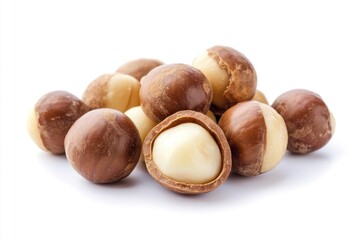 Group of Healthy Macadamia Nuts Isolated on Clean White Background