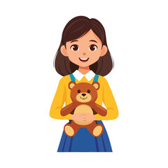 Cute little girl holding a brown teddy bear toy in her hands. Flat vector illustration design