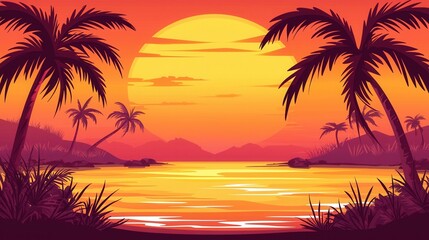Tropical Sunset Palm Trees Silhouette at Calm Ocean Bay