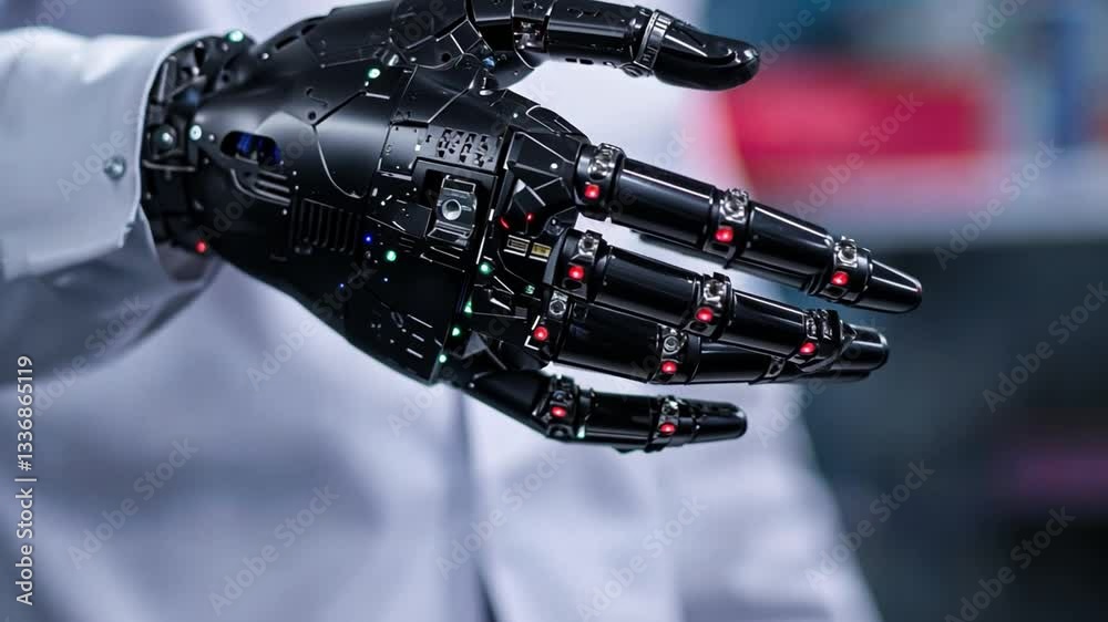 Poster futuristic robotic hand with intricate design showcasing advanced technology and artificial intellig