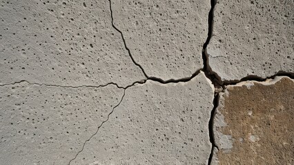 Obraz premium Cracked concrete surface showing weathered texture and structural damage. Ideal for renovation projects.