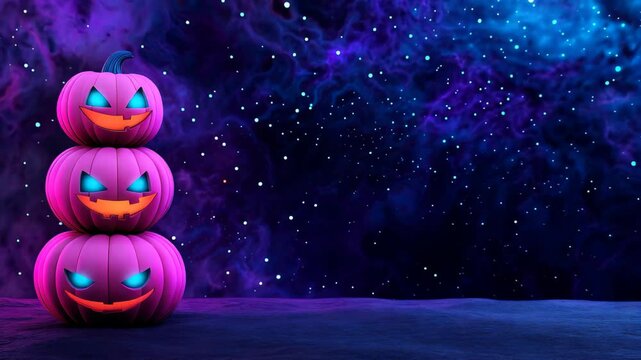A stack of colorful Halloween pumpkins featuring smiling faces set against a cosmic background. Perfect for seasonal celebrations or festive decor.