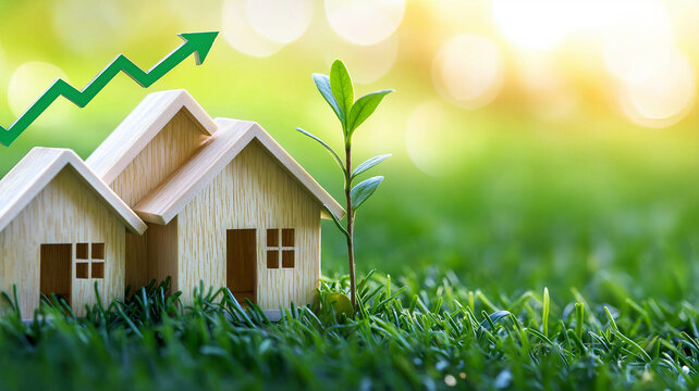Small wooden houses on grass with growing plant symbolize growth and prosperity in real estate. upward trend indicates positive market outlook
