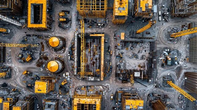 Aerial View of Construction Site with Cranes, Yellow Equipment, and Building Structures Under Development in Urban Area
