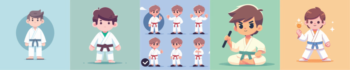 collection of vectors of boys in karate costumes