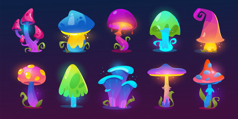 Set of fantasy glowing mushrooms and magical plants. Collection of luminous fungi, toadstools, and alien flora with neon light effects for fairy tale, sci-fi, fantasy themes. Vector illustration