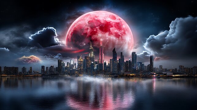 Neon pink sky over futuristic urban landscape a digital art nighttime view