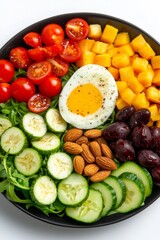 Fresh and colorful salad with tomatoes, cucumbers, and a soft-boiled egg
